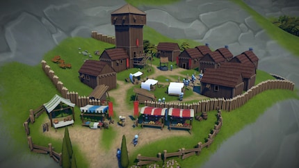 Capture d’écran en accès anticipé : il s’en passe des choses dans ma forteresse palissadée. J’ai installé le marché à l’entrée pour des raisons esthétiques.