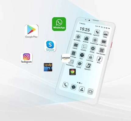 Grâce à Android 14, toutes les applications actuelles fonctionnent, mais seulement en noir et blanc.