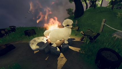 My first sheep has run off over the incorrectly positioned fence and is warming itself directly on the fire.