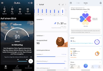 L’appli Oura (à gauche) comparée aux applis Samsung (au milieu) et RingConn (à droite).
