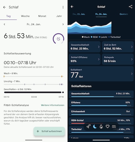 Le suivi de mon sommeil par Google (à gauche) et par Oura (à droite).