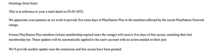 L'utilisateur Reddit InfiniteTurnover1 a reçu un mail d'information de Sony concernant l'indemnisation suite à la panne du PSN.
