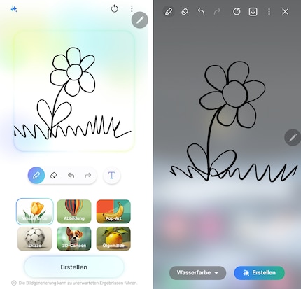 Samsung a revu l'interface utilisateur pour les croquis IA (à gauche). Plus agréable, mais avec moins d'espace pour dessiner.