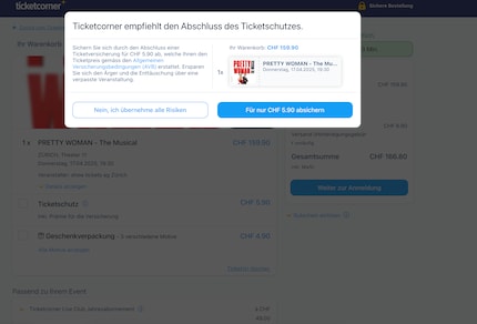 C'est exactement la même chose chez Ticketcorner - en outre, on ne se débarrasse de l'assurance que par «opt-out».