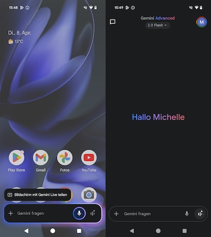 On the left is the call to Gemini Live via the power button, on the right via the app.
