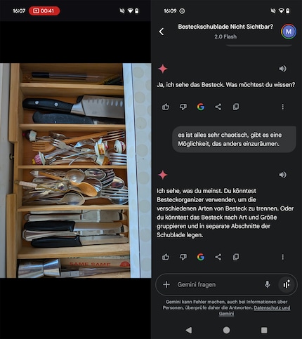 Gemini Live gives me a solution via a photo of my chaotic cutlery drawer.