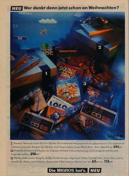 Dans le « Brückenbauer », prédécesseur du « Magazine Migros », la NES est annoncée avec « Super Marios Bros » pour 210 francs. L’annonce date d’octobre 1991.
