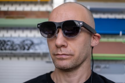 The AirVision M1 either give me Dumbo ears, as pictured above, or press down on my ears uncomfortably.