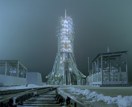Soyuz MS-20 on the launch pad in Kazakhstan. This picture was taken in 2021 on the night before Yusaku Maezawa was sent to the International Space Station. Maezawa was the director and financial backer of dearMoon.