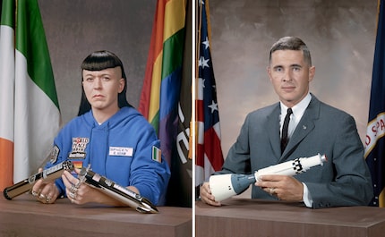 Bill Anders (right) was the lunar module pilot on the 1968 Apollo 8 mission. He photographed the Earth's ascent, the most reproduced photo in human history. Rhiannon Adam (left) was supposed to fly the same route, but it never happened.
