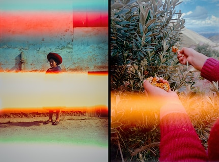 The light leaks from the old lenses give Huguet's images a unique look