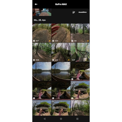 L'application Quik affiche des aperçus des vidéos et des photos trouvées. Les prises de vue à 360 degrés sont marquées par l'icône du globe.
