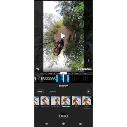 Des effets spéciaux de caméra, comme une vue Tiny Planet, peuvent être insérés rapidement et facilement dans l'application Quik.