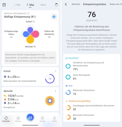 L’appli claire avec le trèfle à quatre feuilles dans la capture d’écran de gauche, à droite les informations sur le niveau de stress élevé.