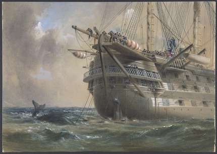 HMS Agamemnon laying submarine cable in 1858. Painting by Robert Charles Dudley, 1866