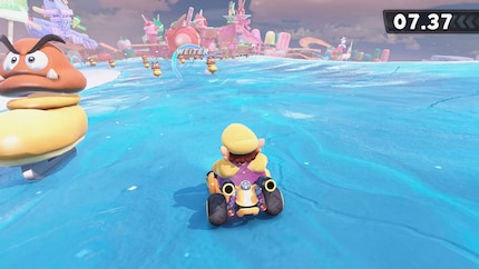 Avec Wario, je fais un parcours d’obstacles dans le monde ouvert du jeu.