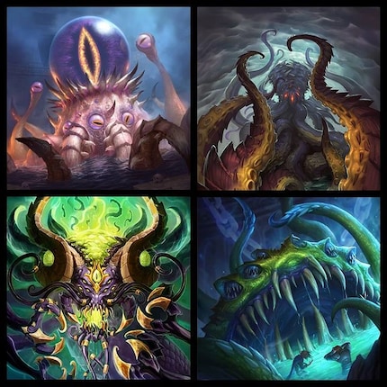 From top left, to bottom right: C'Thun, N'Zoth, Y'Shaarj and Yogg-Saron.
