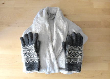 My combat gear: winter gloves and a bathrobe.
