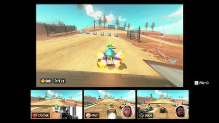 I can also connect any headset and start chatting. Here you can see an intense «Mario Kart World» game with Michelle and Simon.