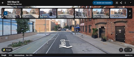 La nouvelle fonction de la ligne du temps dans Google Earth montre l'évolution de la scène de rue entre 2018 et 2024 en prenant l'exemple de West Street à New York.