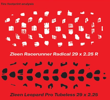 La surface de contact au sol ou footprint du nouveau Racerunner Radical par rapport à un pneu de VTT précédent.