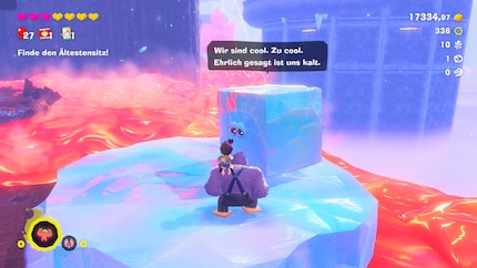 I use the ice block to clear a path through the lava.