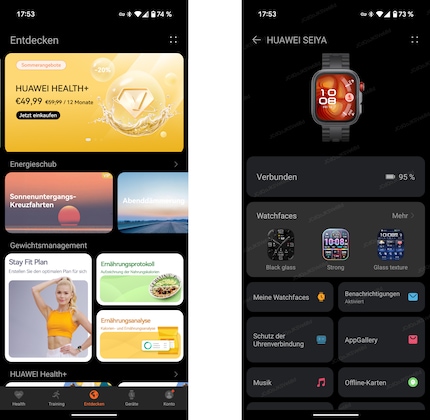 The rather annoying Discover section (left) and the management of the sports watch (right).