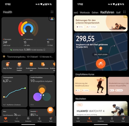 The home page of Huawei Health (left) and the unhelpful training overview (left).