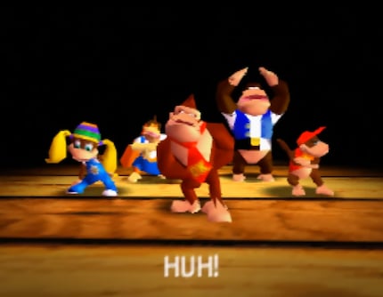 Les cinq héros et héroïnes de «Donkey Kong 64» dans le légendaire rap DK. De gauche à droite : Tiny, Lanky, Donkey, Chunky et Diddy.