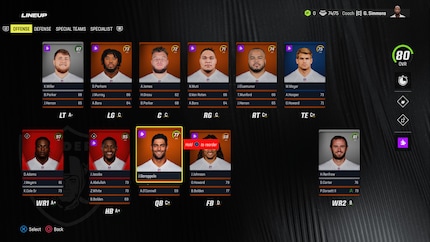 Dans l'écran Line-Up de «Madden NFL 24», je règle le Depth Chart de mon équipe.