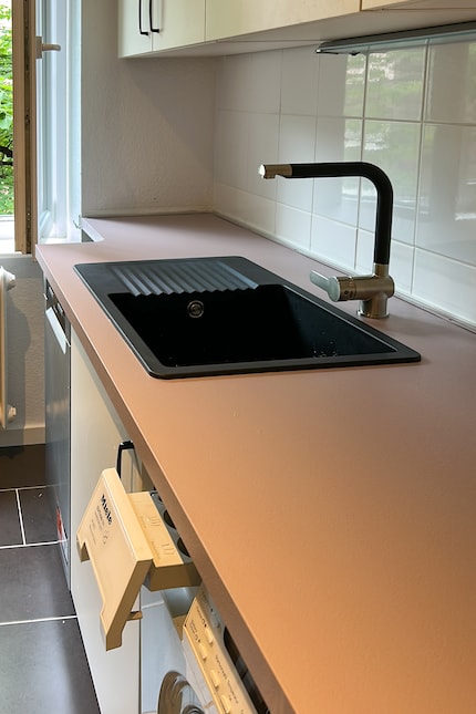 I’m not sure yet whether I think the pink with the black sink’s stylish or over the top.