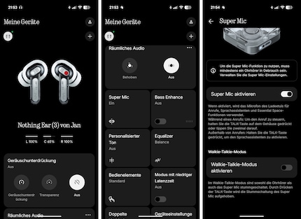 La page d'accueil de l'application Nothing-X en deux parties et le dessous du Super Mic.