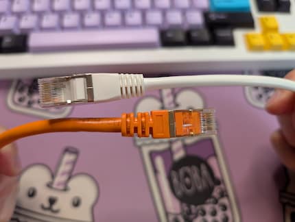The orange Cat 7 cable is slightly thicker. Depending on the length, Cat 6 at 10 Gbit/s will also do.