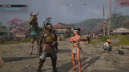 Yasuke, posing in fancy armour next to a half-naked NPC.